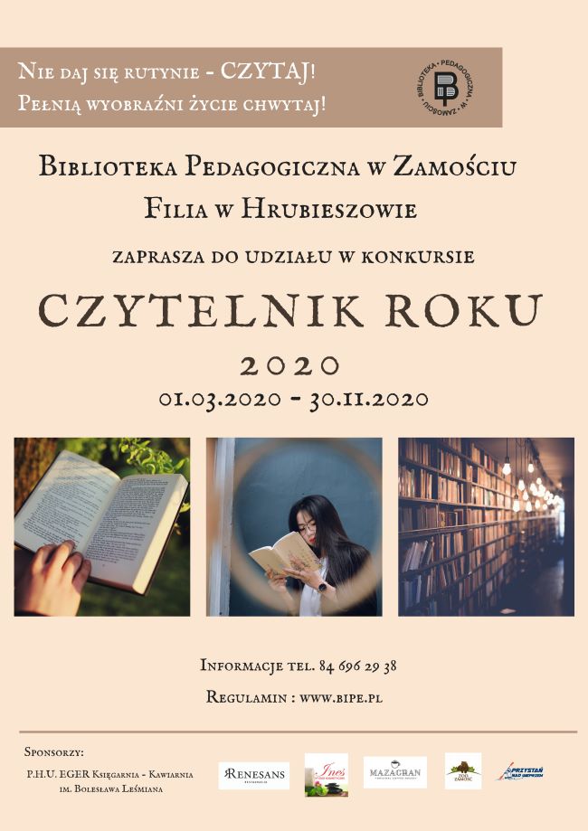 Plakat. W prawym górnym rogu znajduje się logo biblioteki, następnie tytuł konkursu, poniżej trzy zdjęcia przedstawiające książkę, kobietę czytającą książkę i regał z książkami, na samym dole loga sponsorów.