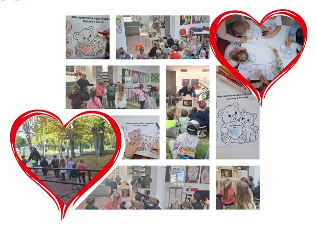 Kolaż zdjęć ze spotkania w ramach Międzynarodowej Akcji Czytelniczej „Czytamy z Sercem” w Bibliotece Pedagogicznej w Zamościu Filii w Hrubieszowie. Na fotografiach dzieci uczestniczą w teatrzyku kamishibai „Serce Misia”, wykonują kolorowanki „Moje serduszko lubi…”, biorą udział w zabawach ruchowych oraz spacerze. W centrum kolażu widoczna jest praca plastyczna przedstawiająca Misia i Kotka z sercem.