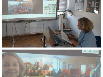 Nauczyciel bibliiotekarz prowadzącego zajęcia on-line. Na tablicy interaktywnej, znajdującej się obok, widać fotografię Wawelu i dzieci wykonujące zadania związane z tematem zajęć.