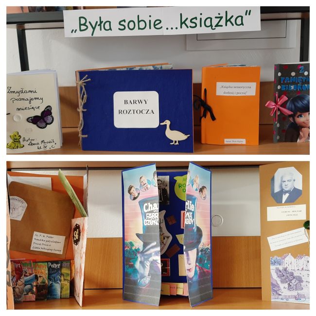 Regał, na którym prezentowane są książki kreatywne, sensoryczne, lapbooki