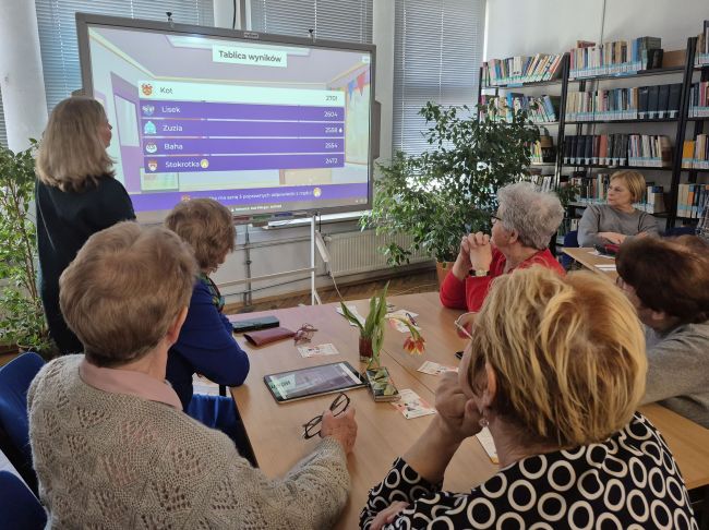 Uczestniczka rozwiązują Quiz w aplikacji Kahoot, wyświetlany na tablicy interaktywnej. Wykorzystują tablety