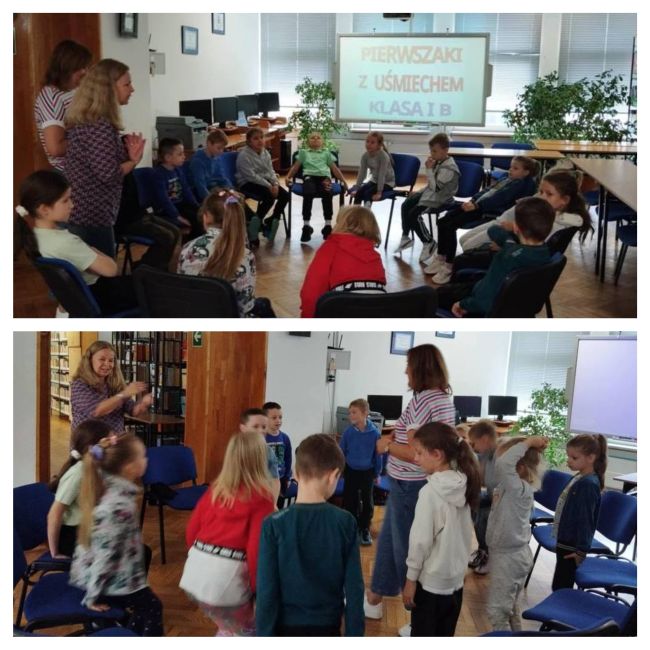 Kolaż zdjęć. Uczniowie wykonują zabawy ruchowe