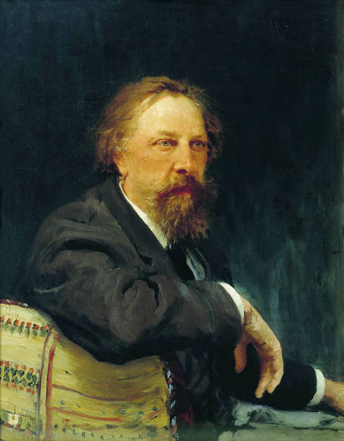 Ilustracja przedstawia portret Aleksieja Konstantynowicza Tołstoja w wieku dojrzałym. Portret wykonał Ilya Repin. Tołstoj jest ukazany w pozycji siedzącej, ma sporą brodę i włosy nieco dłuższe (za uszy), ubrany jest w marynarkę, prawą rękę opiera o krzesło.