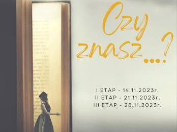 W lewym górnym rogu umieszczone jest logo Biblioteki Pedagogicznej w Zamościu. W części środkowej, u góry plakatu znajduje się napis „Biblioteka Pedagogiczna w Zamościu zaprasza uczniów szkół podstawowych klas 7 – 8 do udziału w wojewódzkim konkursie czytelniczym. Poniżej napisu, z lewej strony niemal na całej jej długości znajduje się ilustracja przedstawiająca stojącą, w połowie otwartą książkę. Z książki wychodzi tajemnicza postać – dziewczyna. Z prawej strony plakatu na wysokości książki znajduje się duży napis „Czy znasz…?”. Pod napisem znacznie mniejszą czcionką podane zostały etapy konkursu: I etap - 14.11.2023 r., II etap - 21.11.2023 r., III etap - 28.11.2023 r.  U dołu plakatu znajduje się kolejny napis: Regulamin i karta zgłoszenia na stronie www.bipe.pl Dół plakatu stanowi pasek z logami: Patronat honorowy: Marszałek Województwa Lubelskiego, Kuratorium Oświaty w Lublinie, Prezydent Miasta Zamość, Partnerzy: Biblioteka Pedagogiczna w Lublinie, Chełmie i Białej Podlaskiej, oraz Patronat medialny: Tygodnik Zamojski, TVP 3 Lublin, Katolickie radio Zamość, Kronika Tygodnia.