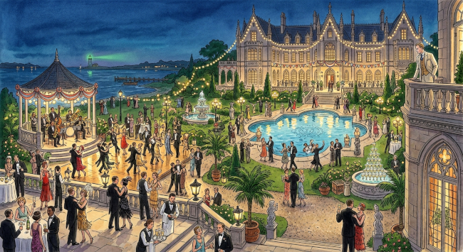 Ilustracja pokazuje przyjęcie przed posiadłością Jay'a Gatsby'ego z książki
